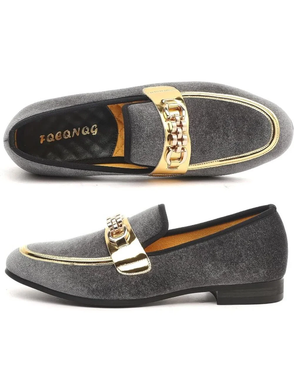 Mens Grey Silver Velvet Gold Horse Bit Classic Loafer Slip On Casual Dress Shoes